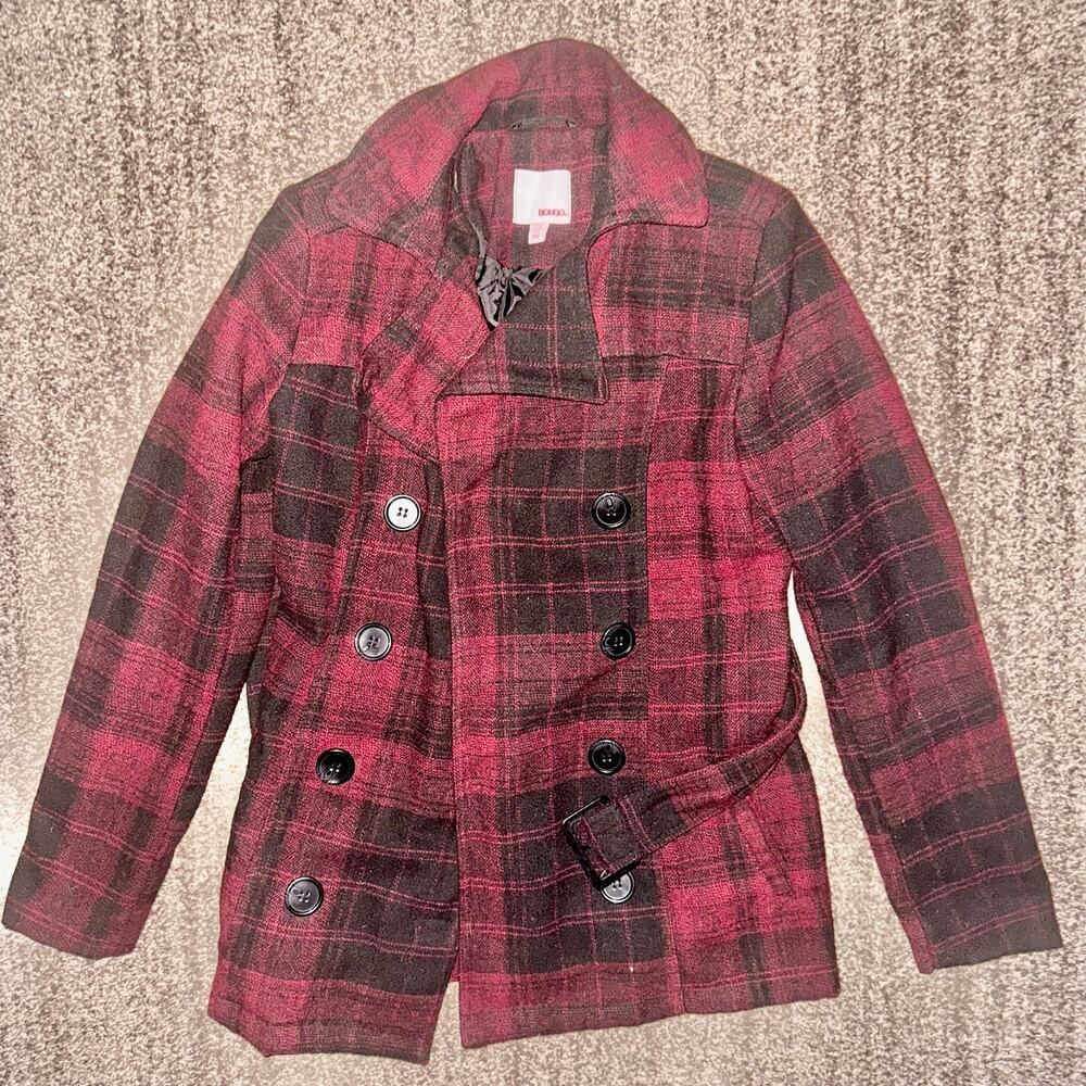 Bongo Women's Double Breasted Red Plaid Button Pea Coat Size Small